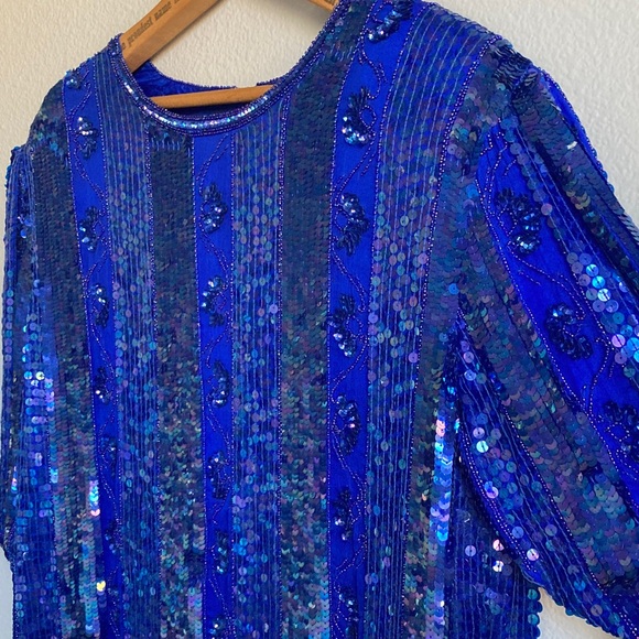 Vintage 80s 90s Tribout Silk Sequin Beaded Royal Blue Glam Event Party Top sz L - Picture 8 of 16
